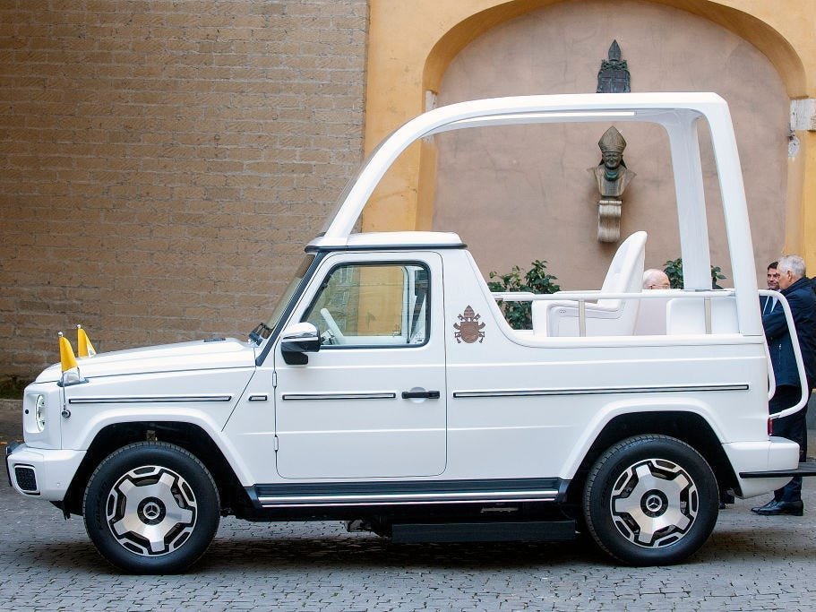 Photos show the Mercedes-Benz electric popemobile worth an estimated $500,000 that Pope Leo XIV may be next to ride