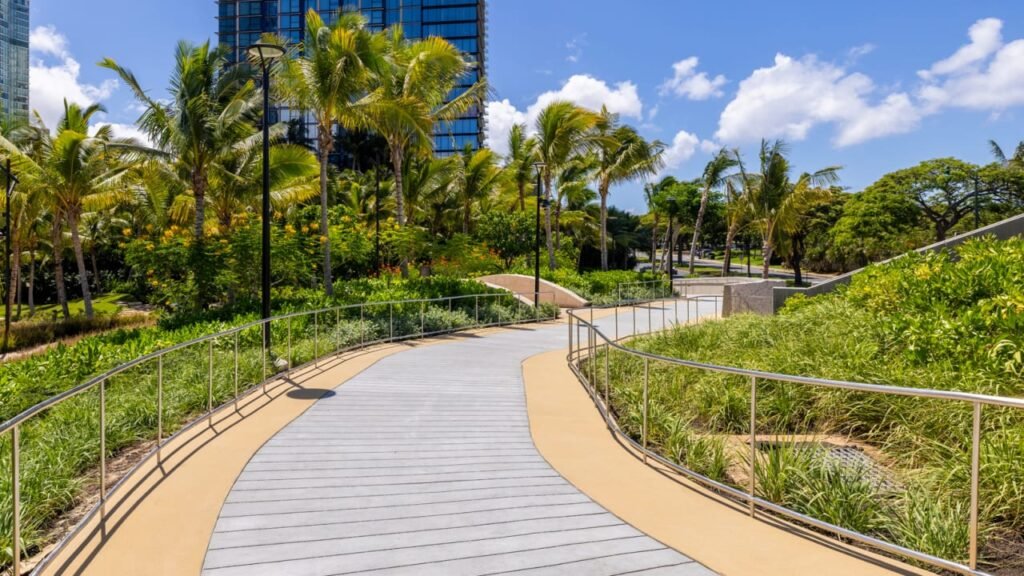 A winding new bridge connects Honolulu’s downtown to the beach