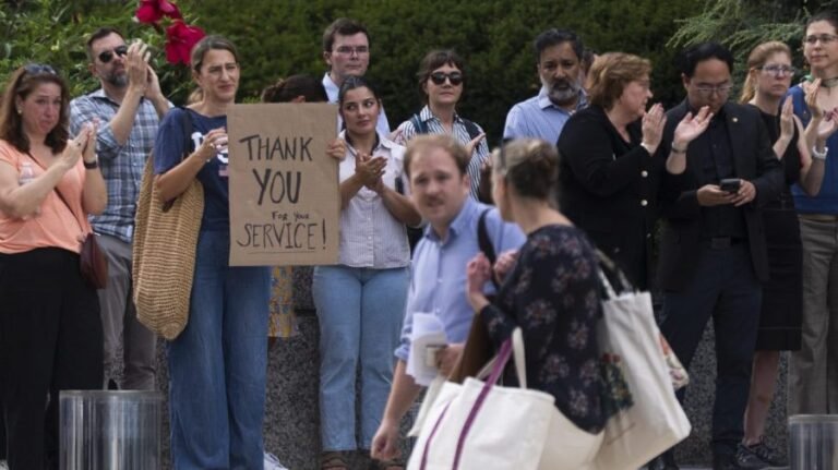 Senate Democrats join fired State Department employees to rally against layoffs