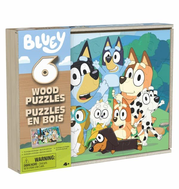 Character Wooden Jigsaw Puzzles 6-Pack in Storage Box only $7 (Bluey, Paw Patrol, Spidey and Friends, and more!)