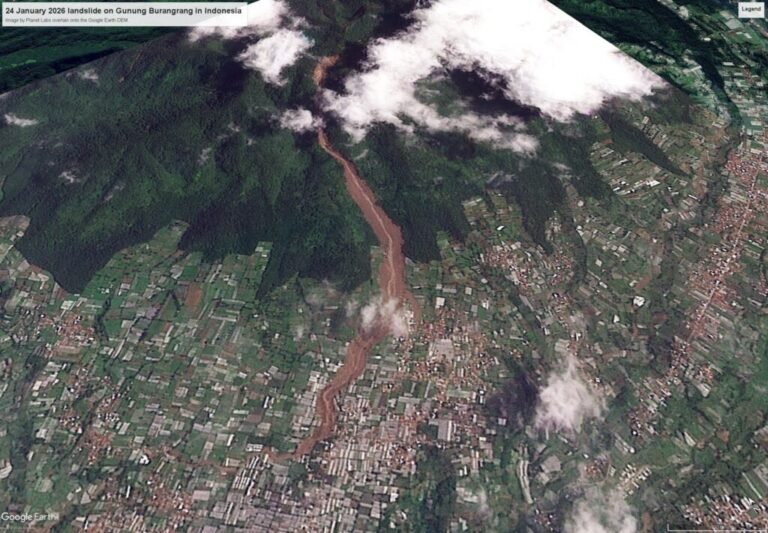 Satellite imagery of the 24 January 2026 landslide on Gunung Burangrang in Indonesia