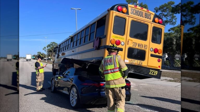 Jaguar F-Type Driver Survives Stuffing Car Under Back Of Stopped School Bus