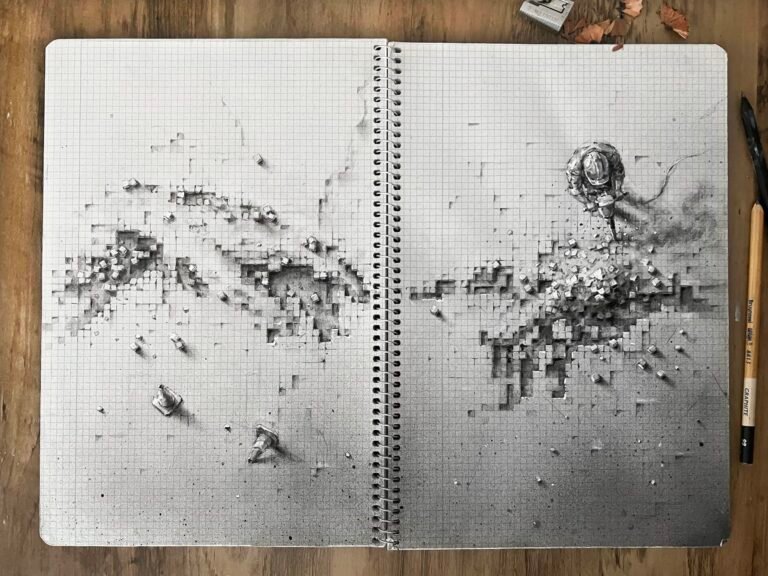 Pejac Transforms Basic Graph Paper into Detailed, Trompe-L’œil Tableaux