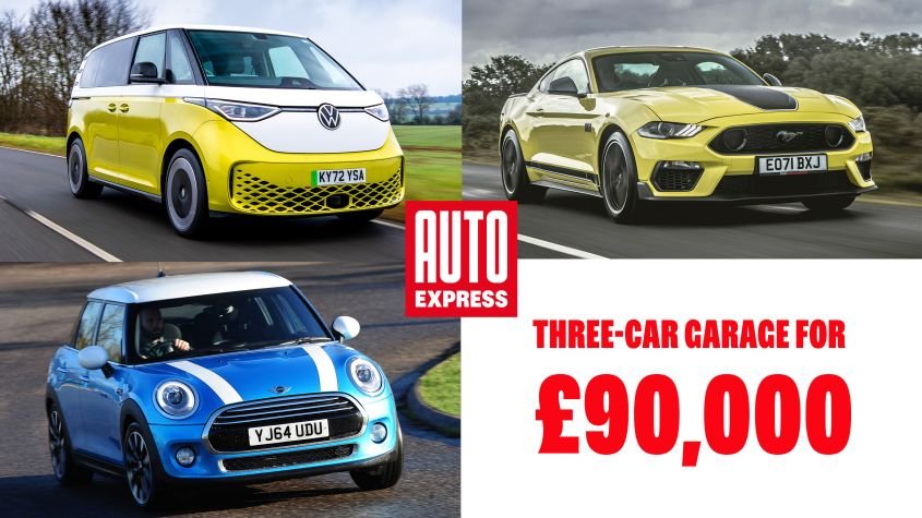 Three-car garage: used Ford Mustang, MINI Cooper and Volkswagen ID. Buzz for £90k