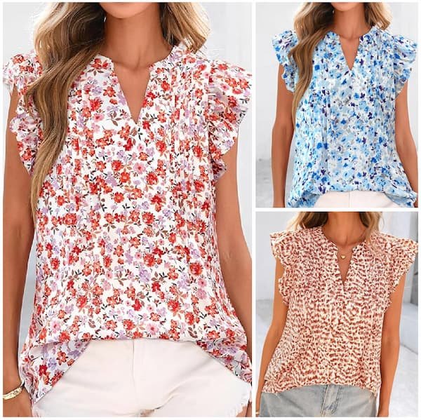 Ruffle Sleeve V-Neck Floral Blouses only $8.99!