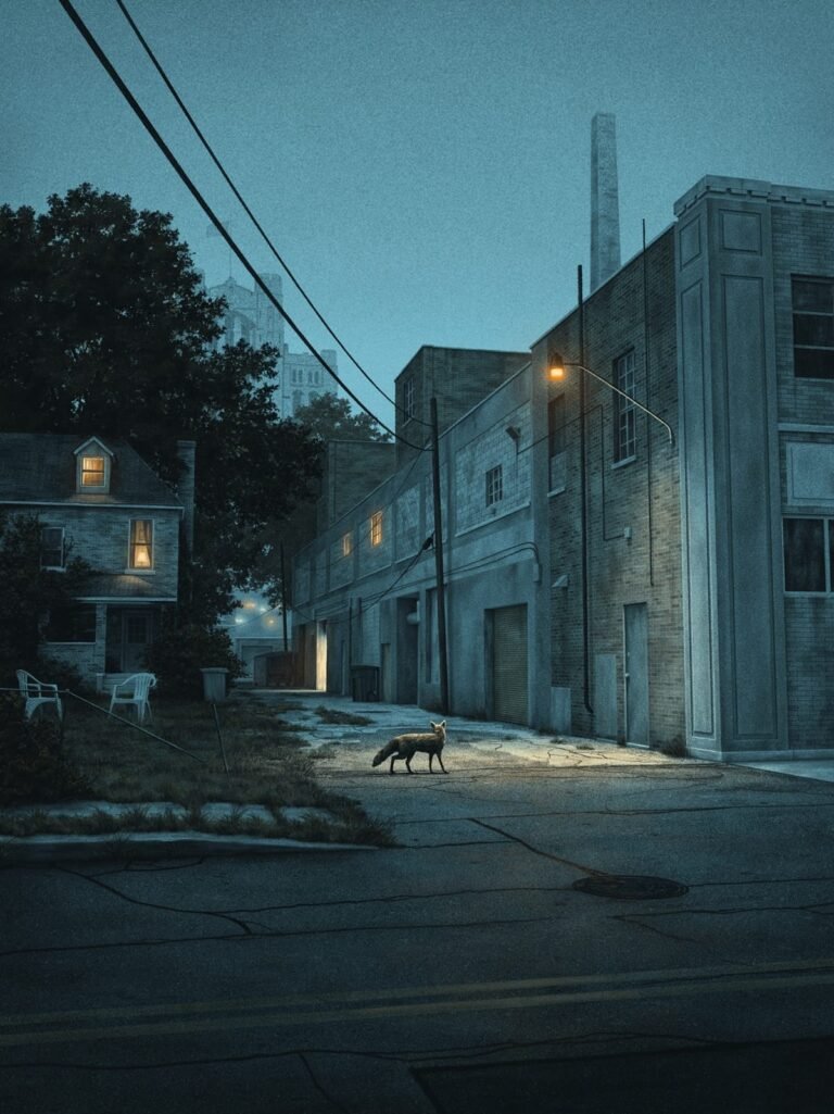 Animals Wander through Neighborhood Streets at Twilight in Nicholas Moegly’s Illustrations