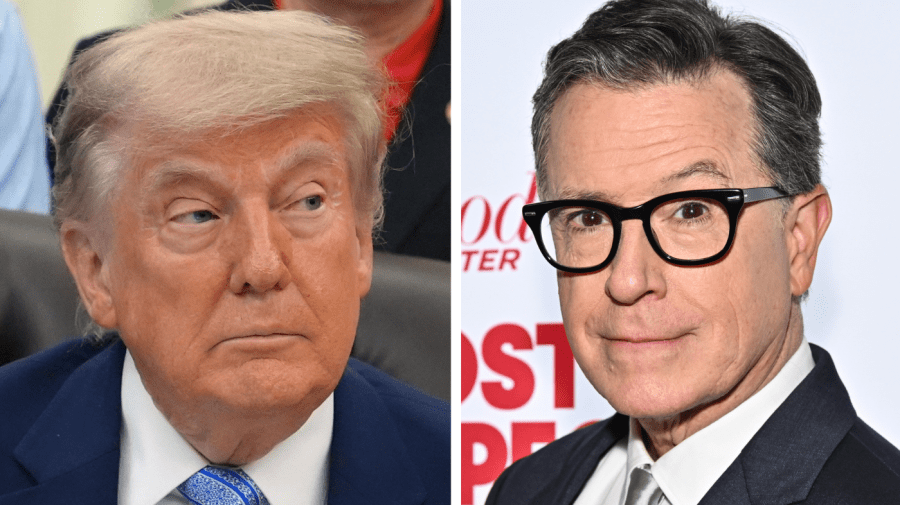 Trump posts AI video depicting him throwing Colbert in a dumpster and dancing
