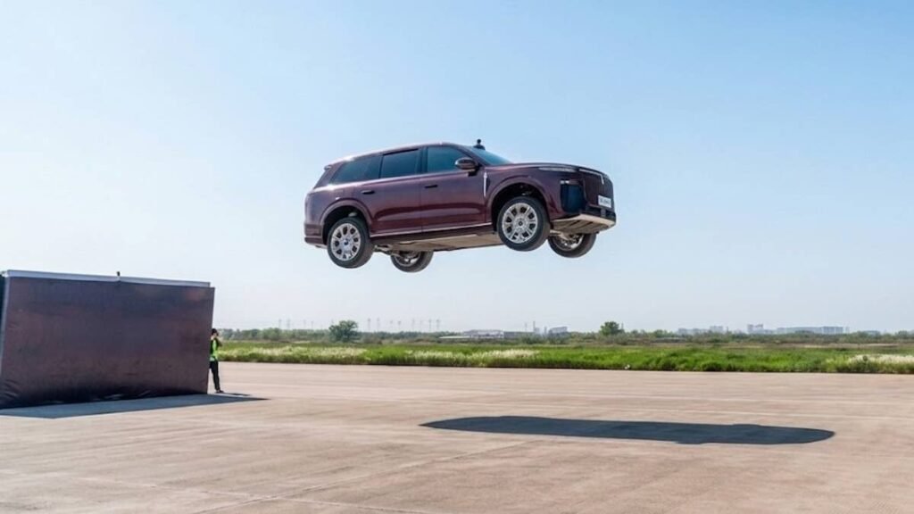 Watch: 6,000-lb Chinese Luxury EV Jumps Off a Mega Ramp and Survives