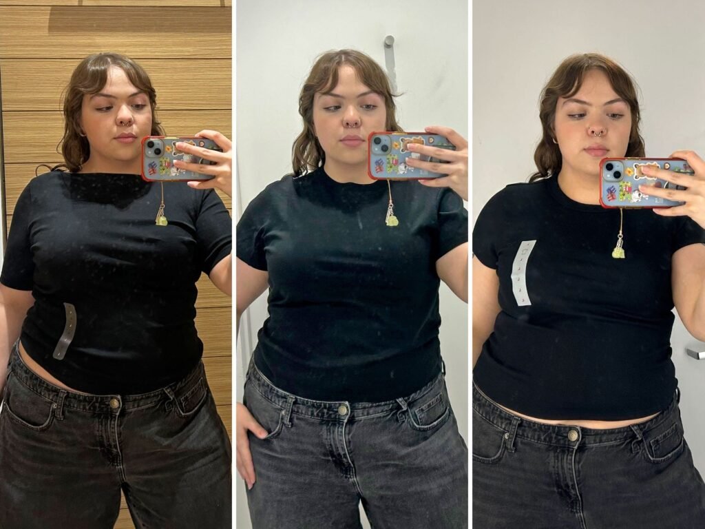 I tried on T-shirts at Gap, Banana Republic, and Old Navy. My favorite option was flattering and affordable.