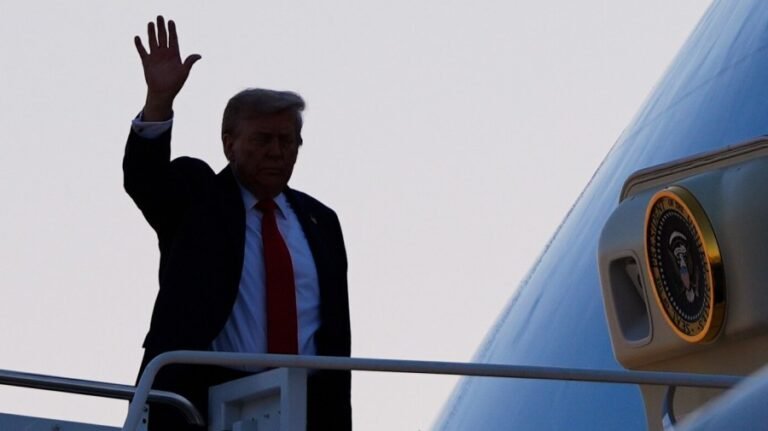Trump stops to transfer from old to new AF1 in the UK on the last leg of NATO trip
