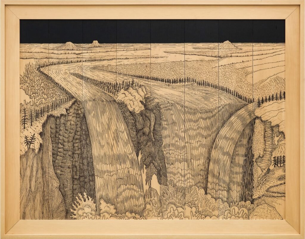 Uncanny Landscapes in Pen and Ink Span Wooden Panels by John Buck