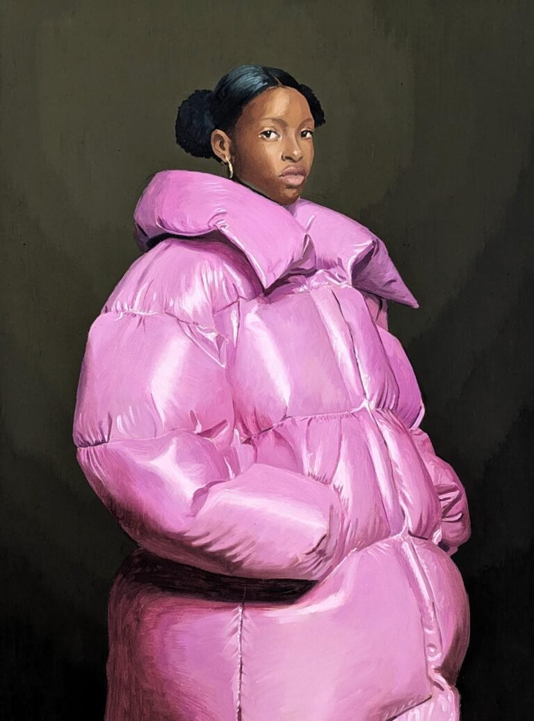 Women Sport Puffer Coats in Bold Baroque Portraits by Nieves González