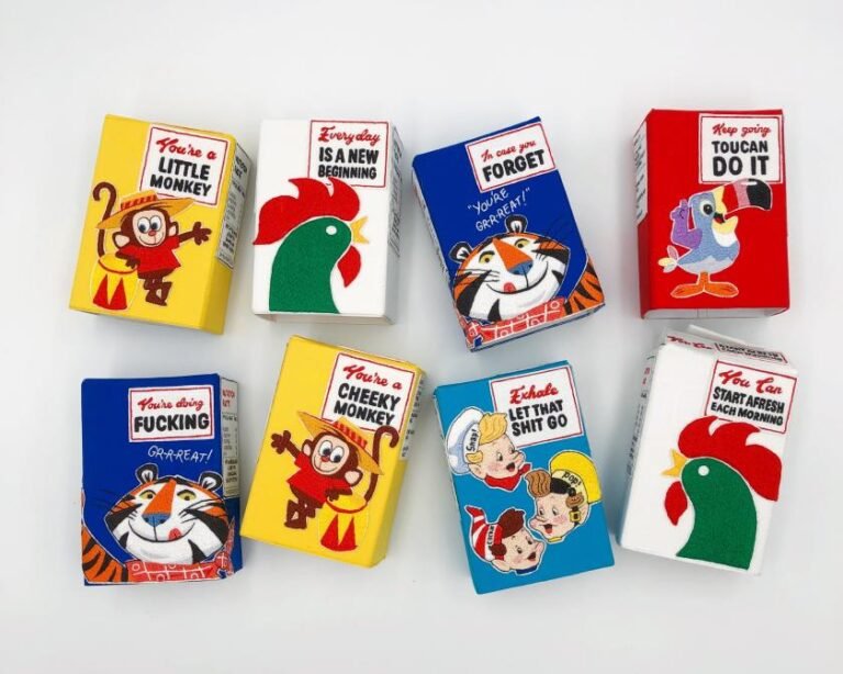 Emma Giacalone turns retro food packaging into stitched reminders to be kinder to ourselves