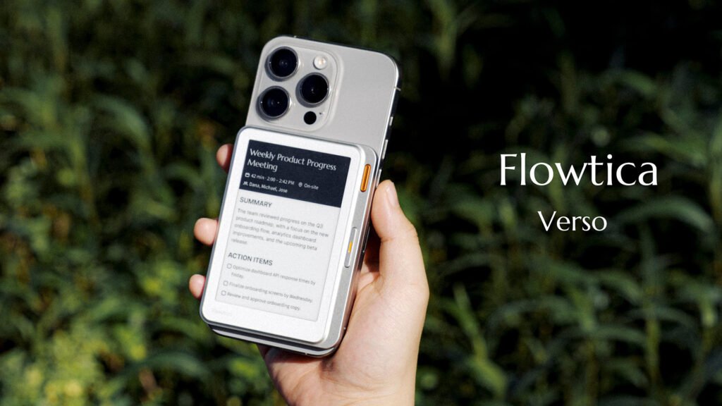Flowtica Verso snaps onto your phone with an e-paper display for AI-powered meeting notes