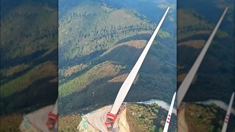 Truck Carrying 387-Foot Long Wind Turbine Blade Up A Mountain Looks Like The Most Stressful Work Day Ever