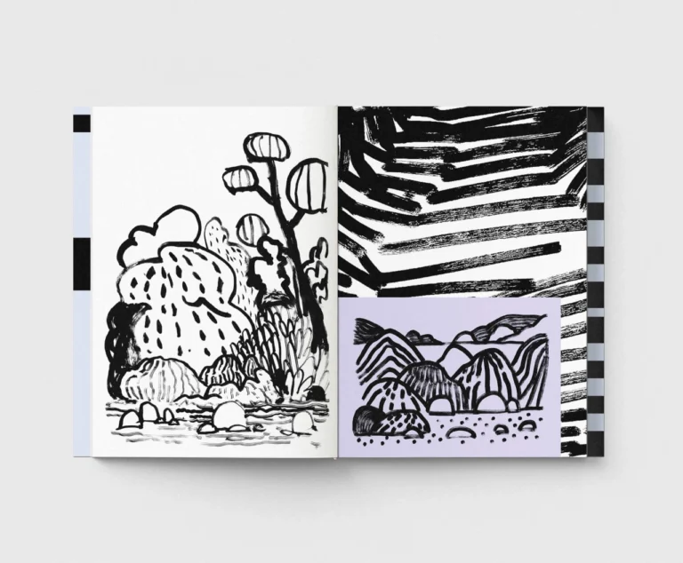 André Britz draws dimly remembered landscapes, in a book held together with a pink elastic band